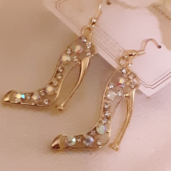 Hollow Heel Gold Irradecent Dangle Earrings NEW RHINESTONE - Picture 6 of 11